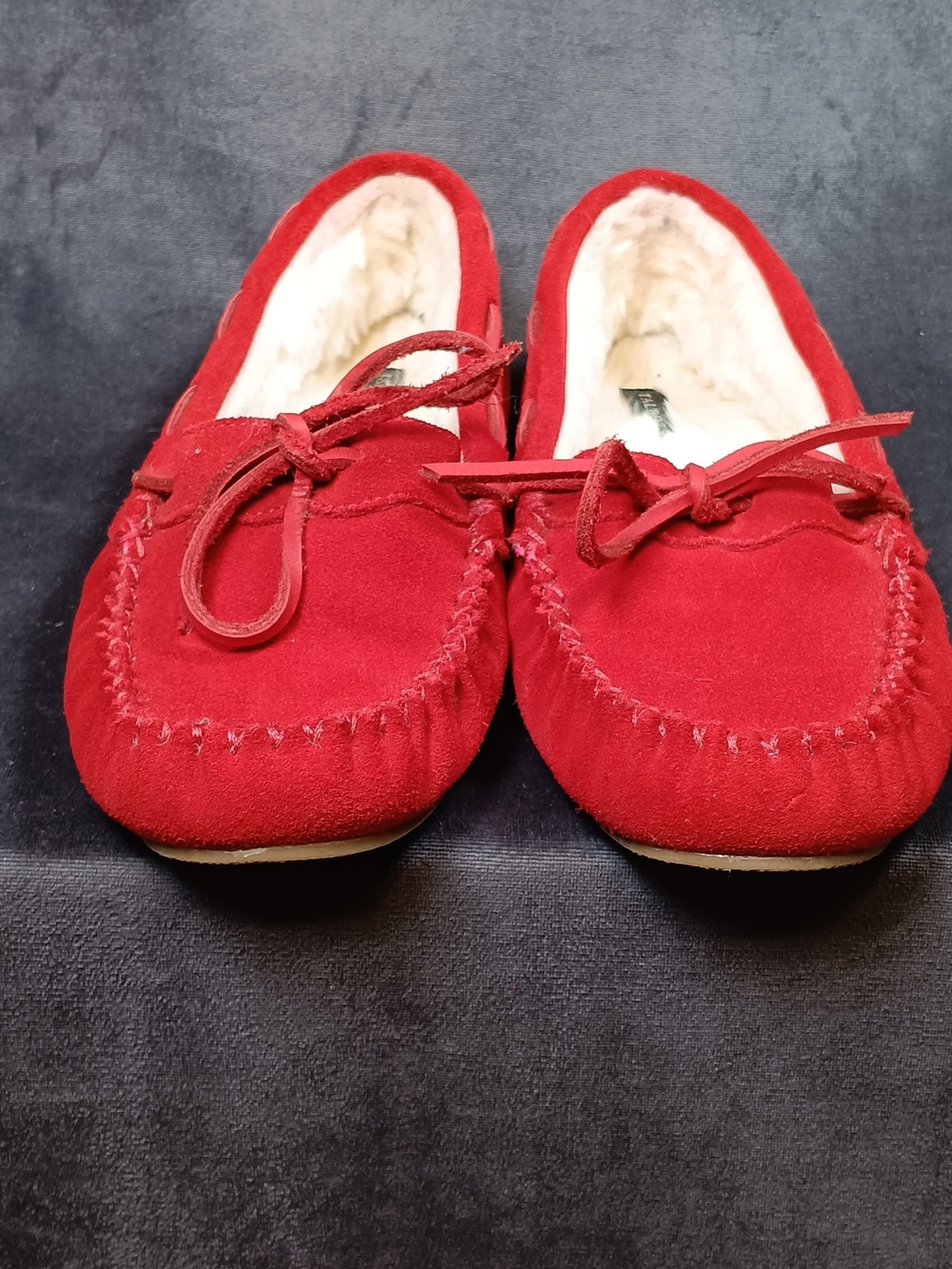 Talbots Red Suede Moccasin Slippers with Bow. Soft Faux Fur Lining.